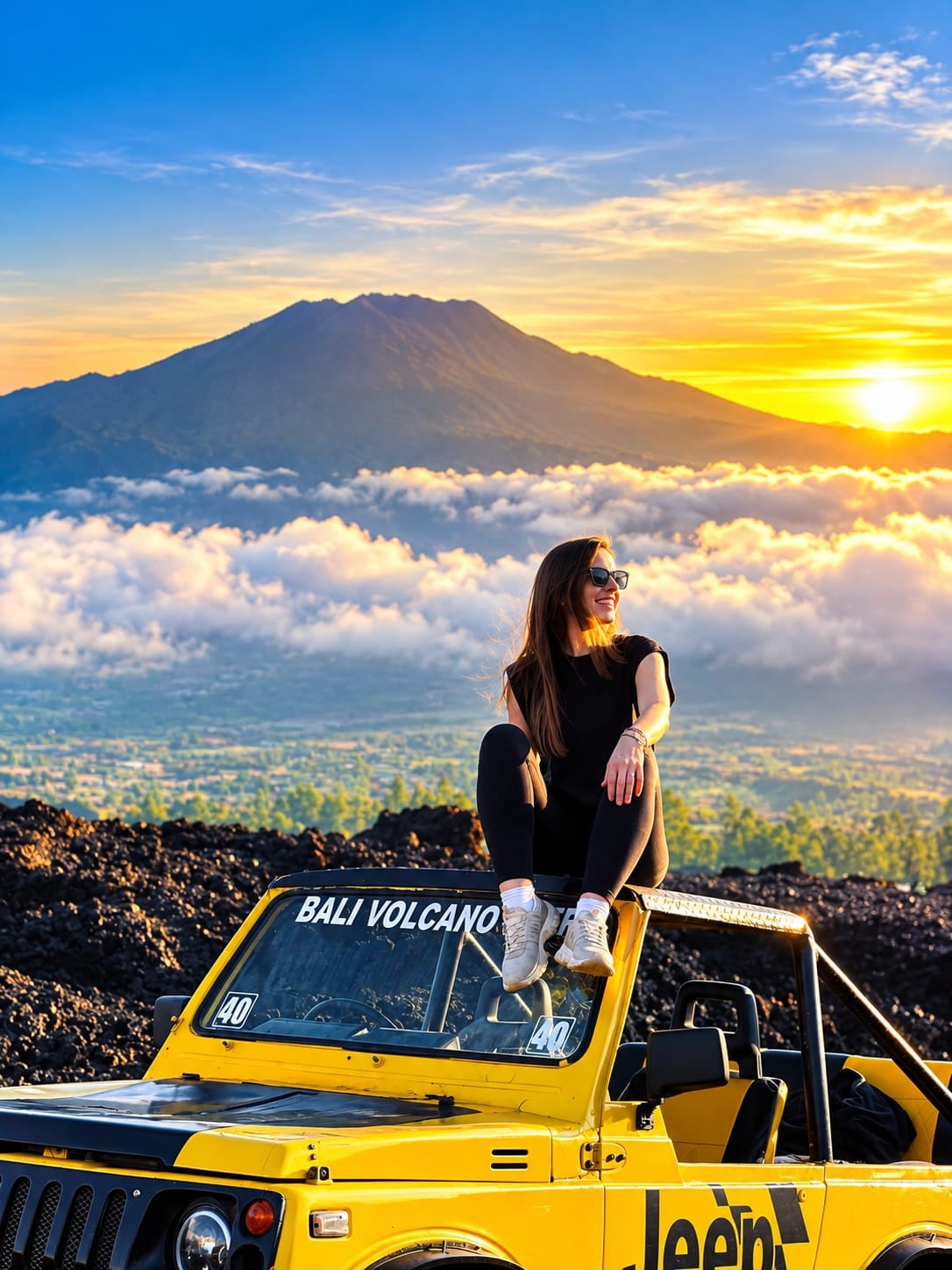 A guest sitting on the windscreen of a yellow jeep at sunrise, Mount Agung above a sea of cloud